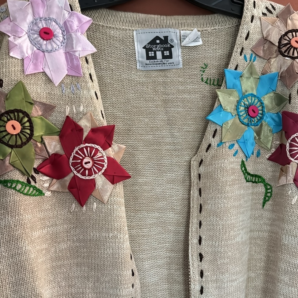 Vintage Storybook Knits Cardigan Sweater  beige Crochet Fringe Granny size L - Picture 8 of 10